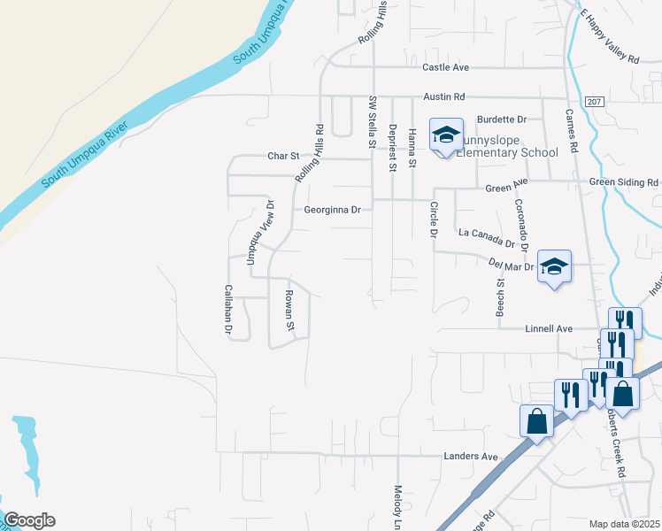 map of restaurants, bars, coffee shops, grocery stores, and more near 196 Jensen Court in Roseburg