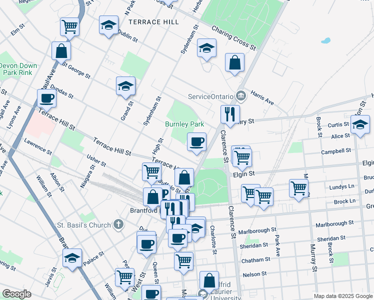 map of restaurants, bars, coffee shops, grocery stores, and more near 18 Burnley Avenue in Brantford