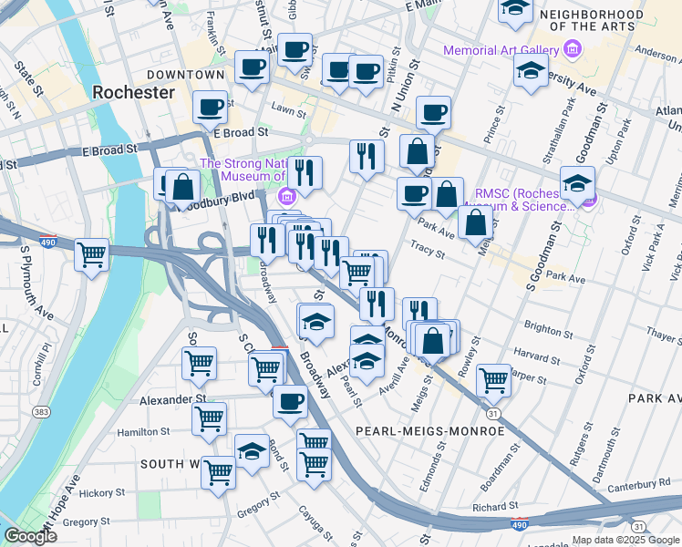 map of restaurants, bars, coffee shops, grocery stores, and more near 126 South Union Street in Rochester