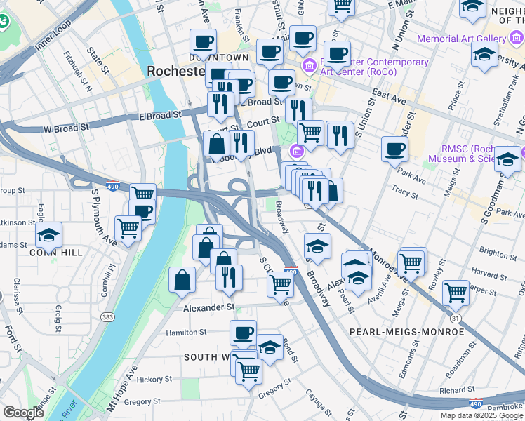 map of restaurants, bars, coffee shops, grocery stores, and more near 40 Marshall Street in Rochester