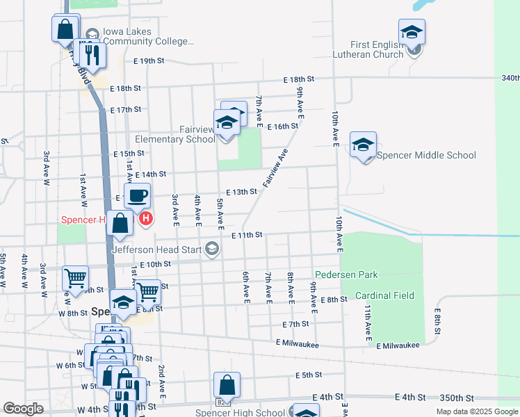 map of restaurants, bars, coffee shops, grocery stores, and more near 1210 Fairview Ave in Spencer