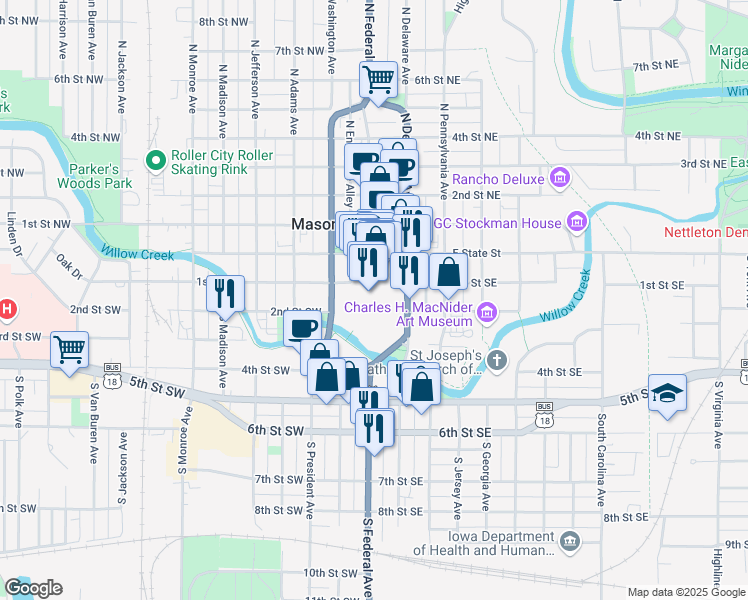 map of restaurants, bars, coffee shops, grocery stores, and more near 100 South Federal Avenue in Mason City