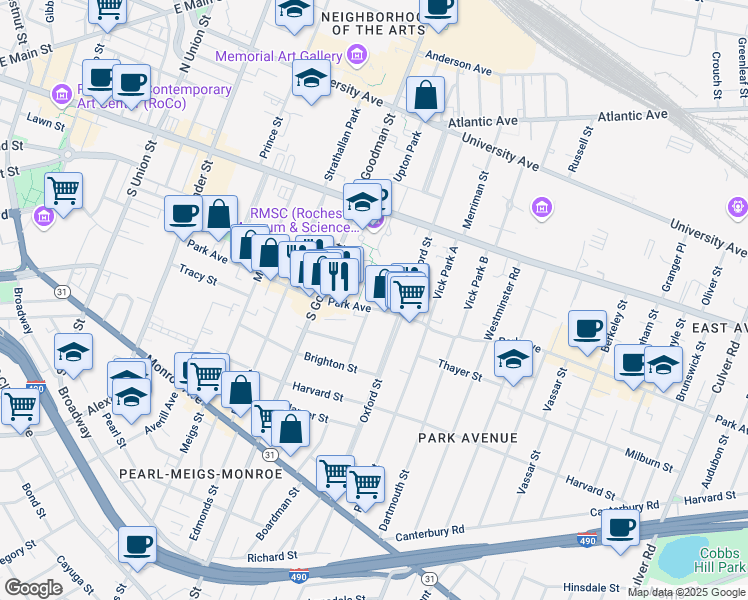 map of restaurants, bars, coffee shops, grocery stores, and more near 308 Park Avenue in Rochester