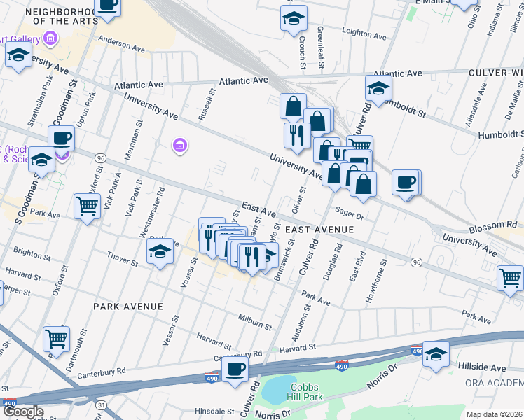 map of restaurants, bars, coffee shops, grocery stores, and more near East Ave & Buckingham St in Rochester