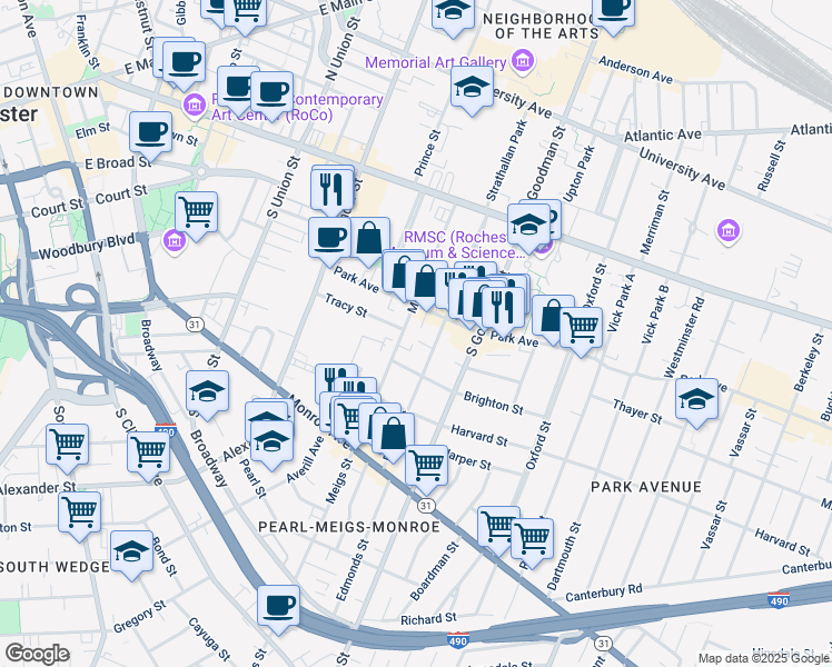 map of restaurants, bars, coffee shops, grocery stores, and more near in Rochester