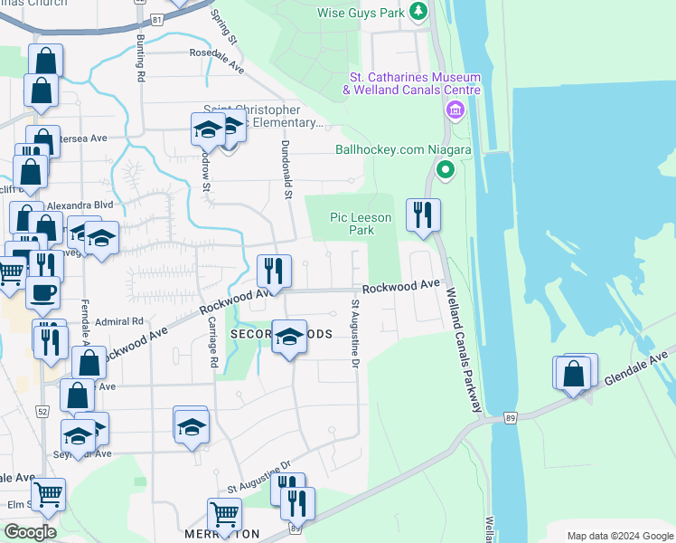 map of restaurants, bars, coffee shops, grocery stores, and more near 14 Deborah Court in St. Catharines