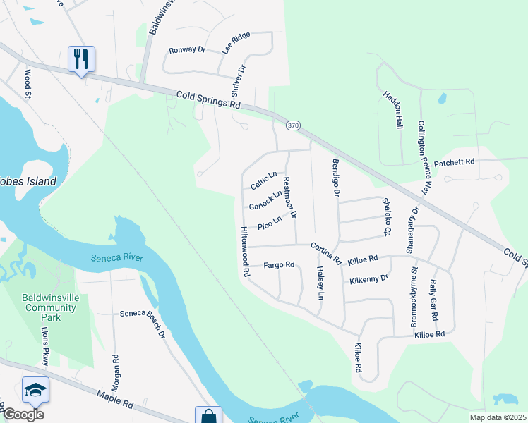 map of restaurants, bars, coffee shops, grocery stores, and more near 6567 Garlock Ln in Baldwinsville