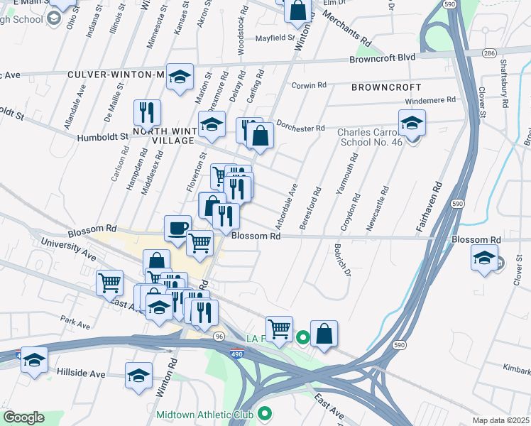 map of restaurants, bars, coffee shops, grocery stores, and more near 72 Balsam Street in Rochester