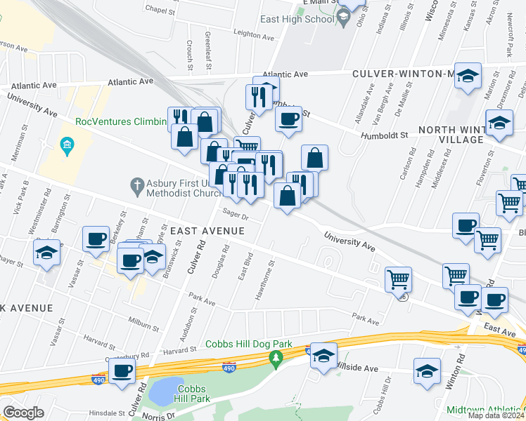 map of restaurants, bars, coffee shops, grocery stores, and more near 85 East Boulevard in Rochester