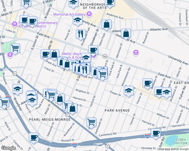 map of restaurants, bars, coffee shops, grocery stores, and more near 308 Park Avenue in Rochester