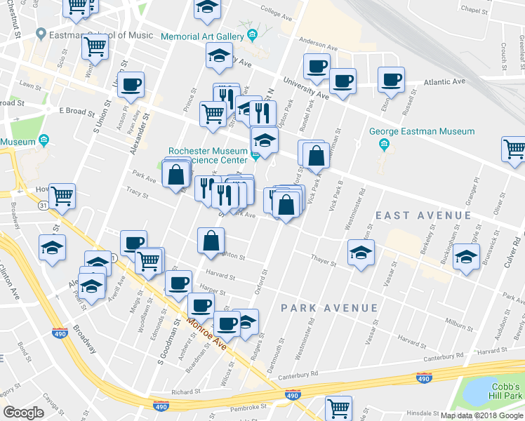 map of restaurants, bars, coffee shops, grocery stores, and more near 308 Park Avenue in Rochester