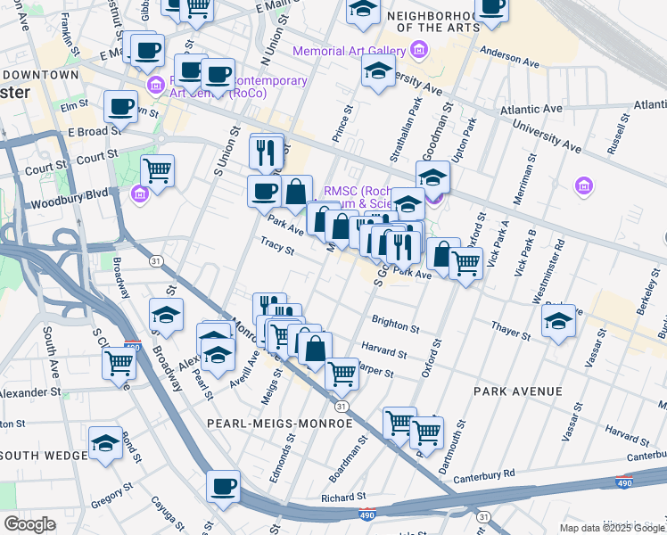 map of restaurants, bars, coffee shops, grocery stores, and more near in Rochester