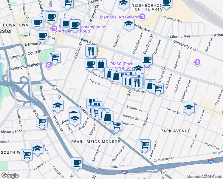 map of restaurants, bars, coffee shops, grocery stores, and more near in Rochester