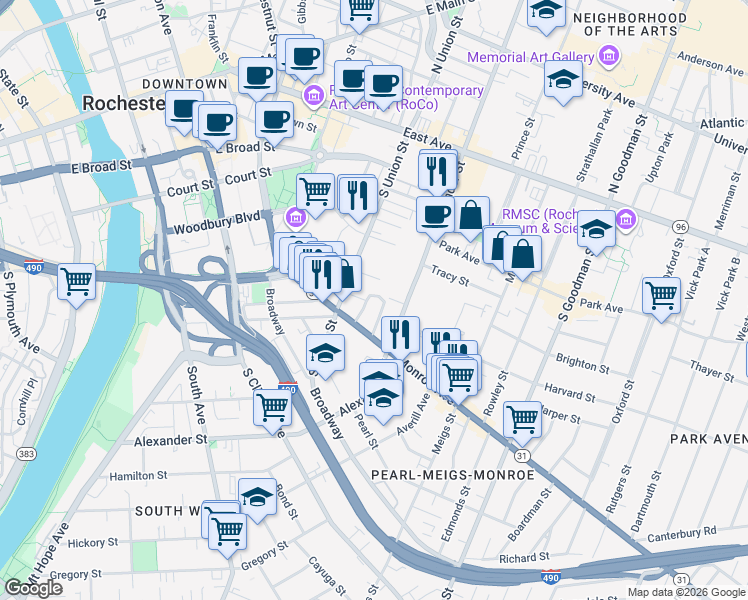 map of restaurants, bars, coffee shops, grocery stores, and more near 59 Priem Street in Rochester