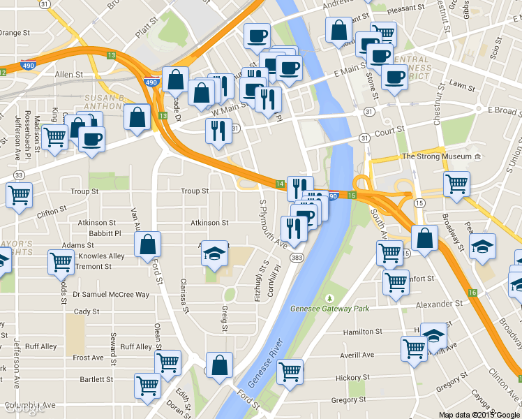 map of restaurants, bars, coffee shops, grocery stores, and more near 225 South Plymouth Avenue in Rochester