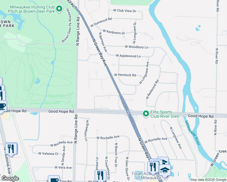 map of restaurants, bars, coffee shops, grocery stores, and more near 7355 North Green Bay Avenue in Glendale