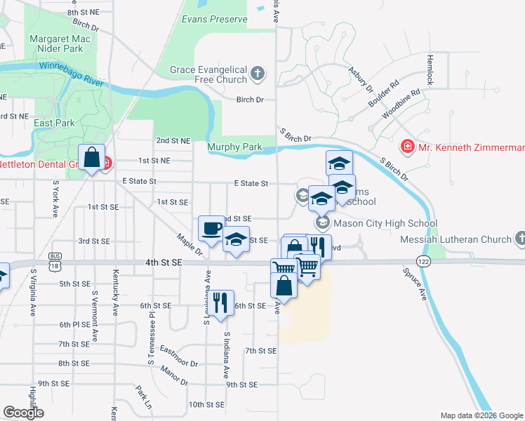 map of restaurants, bars, coffee shops, grocery stores, and more near 1450 2nd St SE in Mason City
