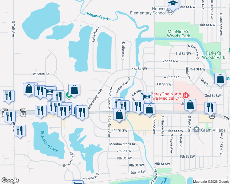 map of restaurants, bars, coffee shops, grocery stores, and more near 94 Brook Terrace in Mason City