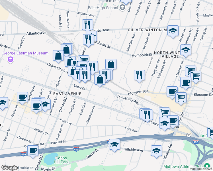 map of restaurants, bars, coffee shops, grocery stores, and more near 1344 University Avenue in Rochester