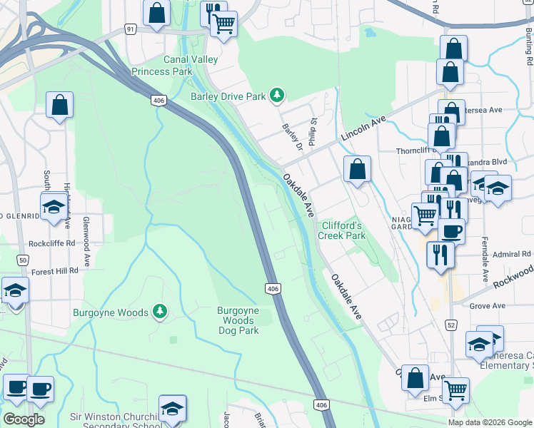 map of restaurants, bars, coffee shops, grocery stores, and more near 3 Hilts Court in St. Catharines