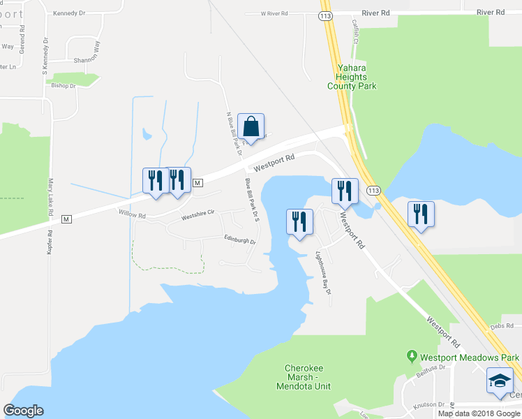 map of restaurants, bars, coffee shops, grocery stores, and more near 5378 Blue Bill Park Drive South in Madison