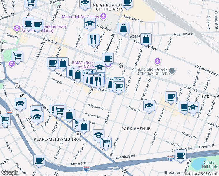 map of restaurants, bars, coffee shops, grocery stores, and more near 308 Park Avenue in Rochester