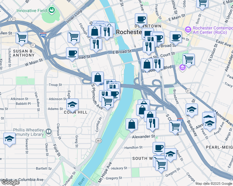 map of restaurants, bars, coffee shops, grocery stores, and more near 250 Exchange Boulevard in Rochester