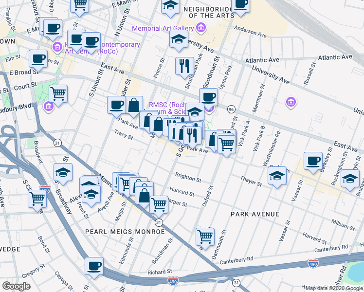 map of restaurants, bars, coffee shops, grocery stores, and more near Goodman St S & Park Ave in Rochester