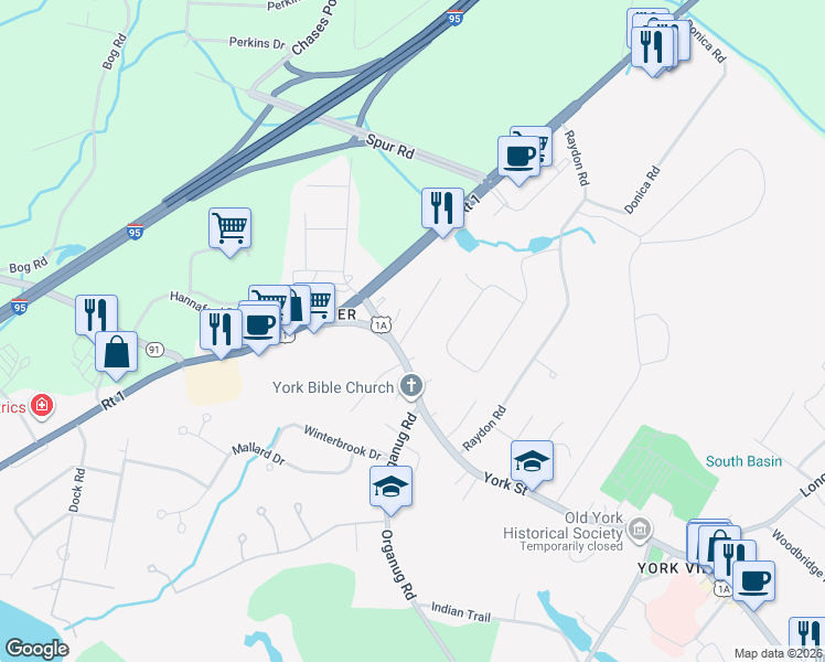 map of restaurants, bars, coffee shops, grocery stores, and more near 4 Hilltop Drive in York
