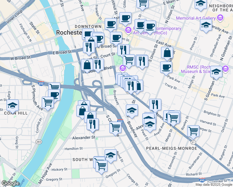 map of restaurants, bars, coffee shops, grocery stores, and more near 62 Marshall St in Rochester