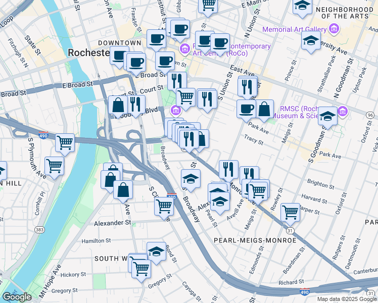 map of restaurants, bars, coffee shops, grocery stores, and more near Monroe Ave & Marshall St in Rochester