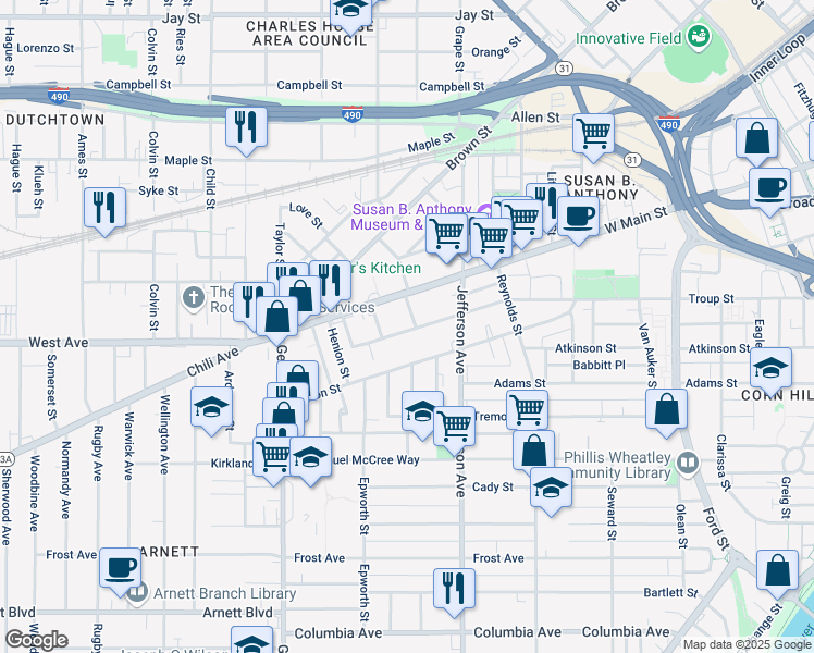 map of restaurants, bars, coffee shops, grocery stores, and more near 4 Willowbank Place in Rochester