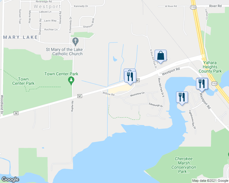 map of restaurants, bars, coffee shops, grocery stores, and more near 5440 Willow Road in Waunakee