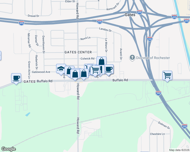 map of restaurants, bars, coffee shops, grocery stores, and more near 336 Crestwood Boulevard in Rochester