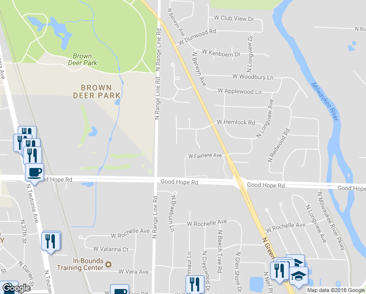 map of restaurants, bars, coffee shops, grocery stores, and more near 7310 North Range Line Road in Glendale