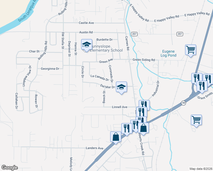 map of restaurants, bars, coffee shops, grocery stores, and more near 2020 Del Mar Drive in Roseburg