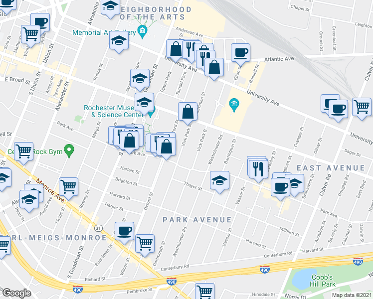 map of restaurants, bars, coffee shops, grocery stores, and more near 33 Vick Park A in Rochester