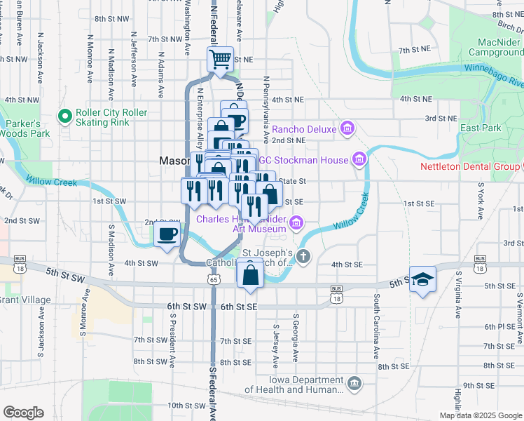 map of restaurants, bars, coffee shops, grocery stores, and more near 110 South Pennsylvania Avenue in Mason City