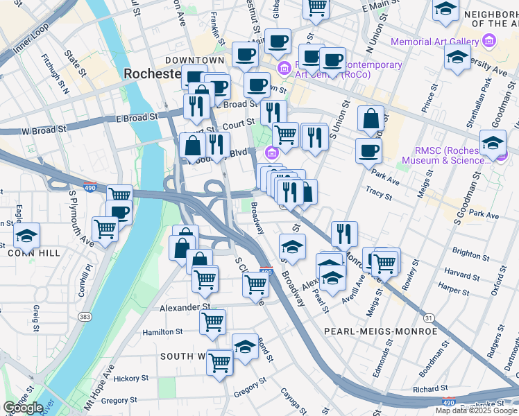 map of restaurants, bars, coffee shops, grocery stores, and more near 308 Broadway in Rochester