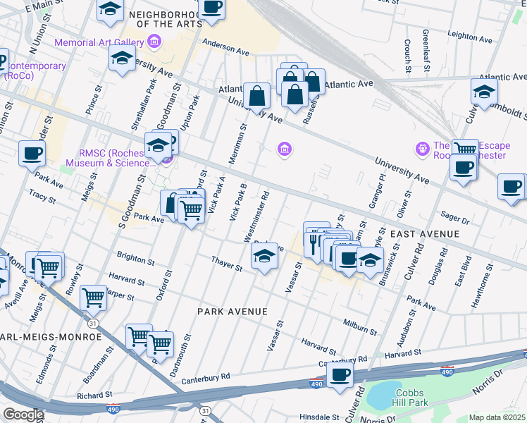 map of restaurants, bars, coffee shops, grocery stores, and more near 50 Westminster Road in Rochester