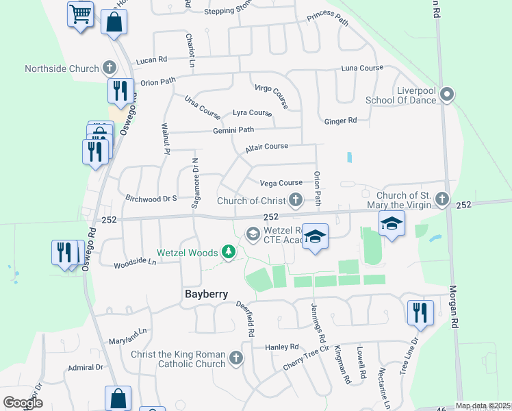map of restaurants, bars, coffee shops, grocery stores, and more near 4230 Polaris Course in Liverpool