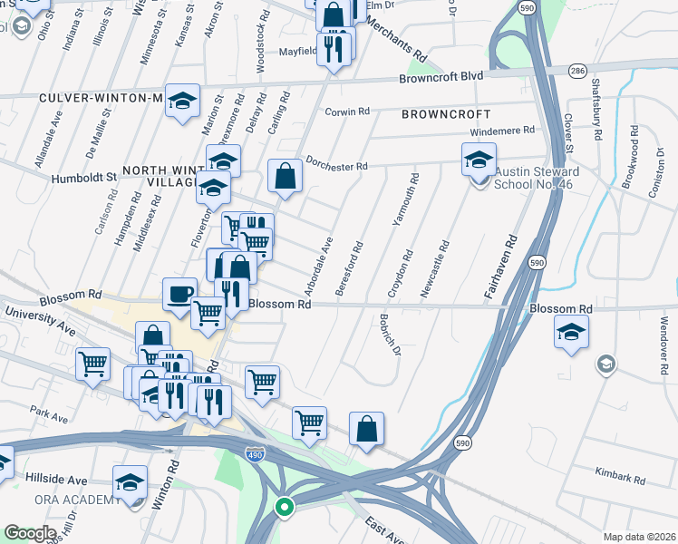 map of restaurants, bars, coffee shops, grocery stores, and more near 241 Beresford Road in Rochester