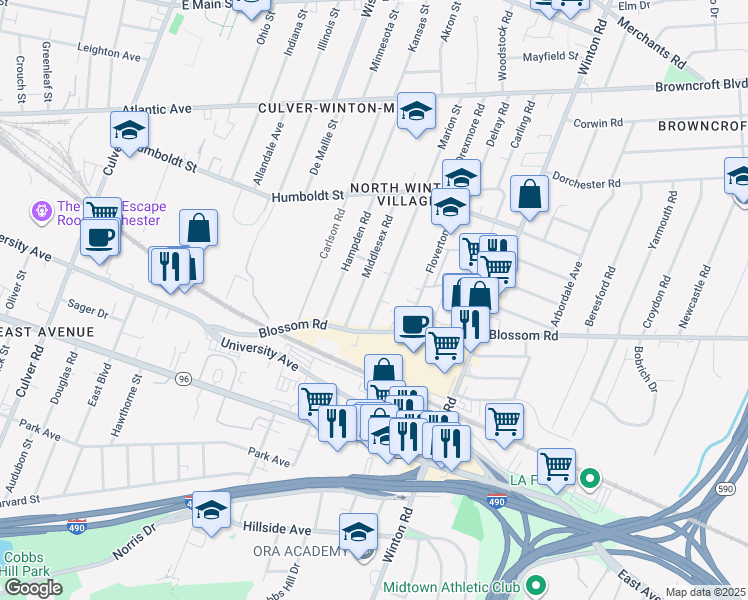 map of restaurants, bars, coffee shops, grocery stores, and more near 45 Marion Street in Rochester