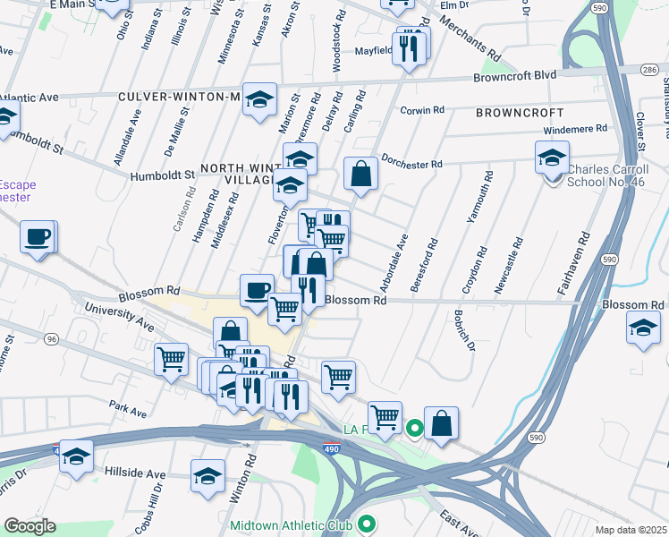 map of restaurants, bars, coffee shops, grocery stores, and more near 23 Balsam Street in Rochester