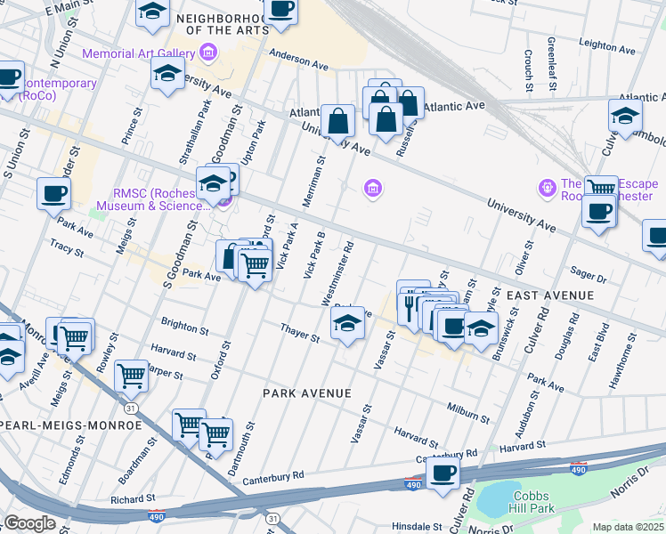 map of restaurants, bars, coffee shops, grocery stores, and more near 50 Westminster Road in Rochester
