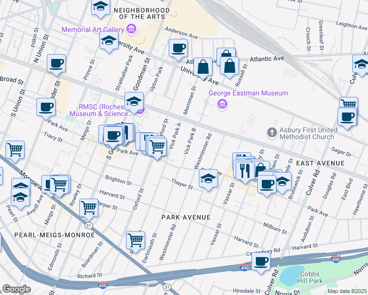 map of restaurants, bars, coffee shops, grocery stores, and more near 25 Vick Park B in Rochester