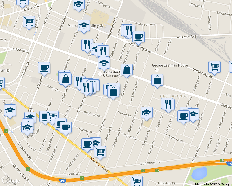 map of restaurants, bars, coffee shops, grocery stores, and more near 240 Oxford Street in Rochester