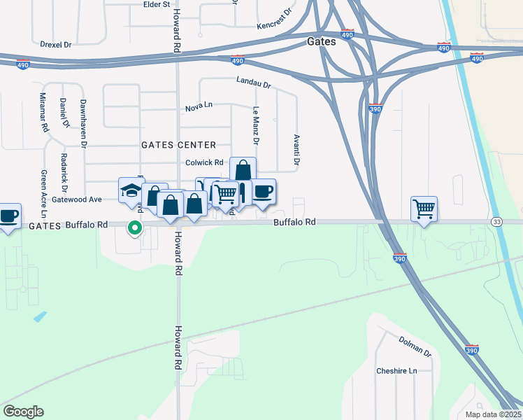 map of restaurants, bars, coffee shops, grocery stores, and more near 1334 Buffalo Road in Rochester