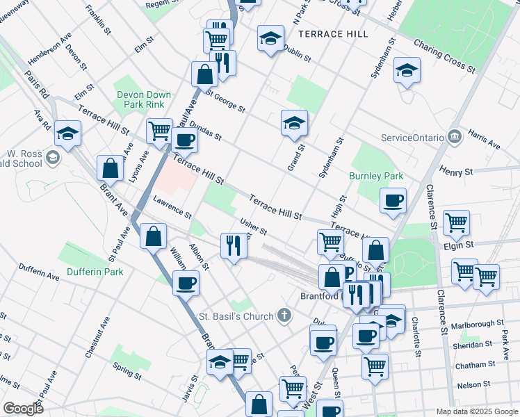 map of restaurants, bars, coffee shops, grocery stores, and more near 130 Terrace Hill Street in Brantford