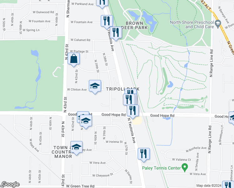 map of restaurants, bars, coffee shops, grocery stores, and more near 3729 West Clinton Avenue in Milwaukee